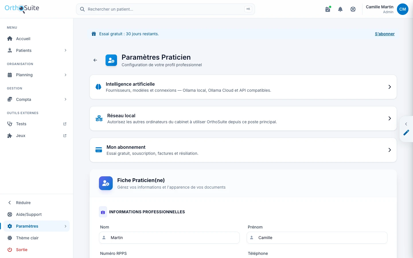 Paramètres du praticien