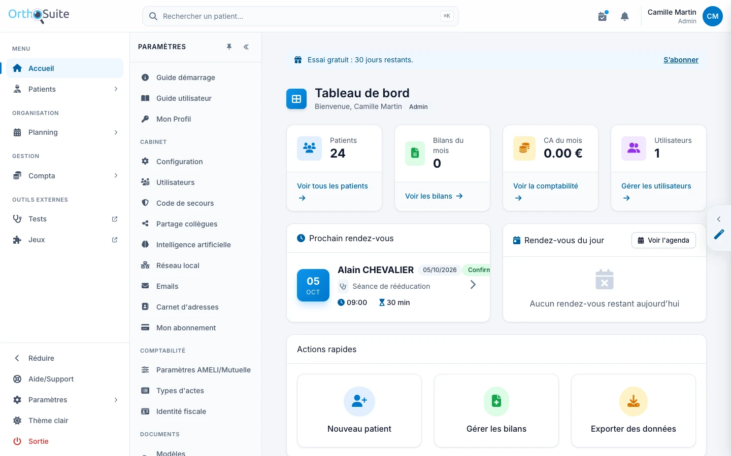 Sous-menu Paramètres ouvert