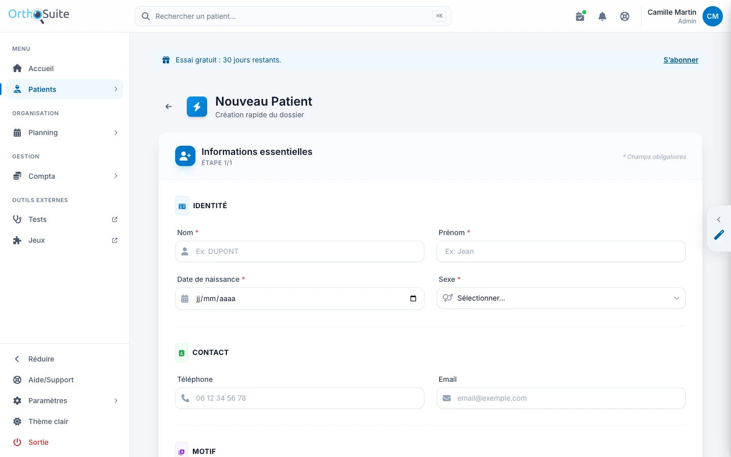 Création rapide d’un patient