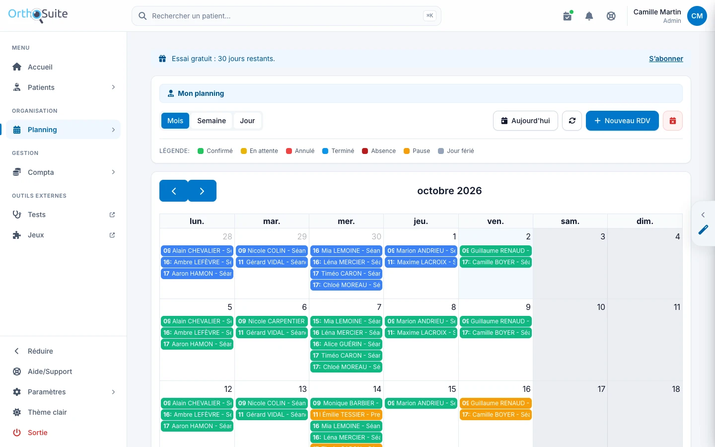 Planning, vue mensuelle