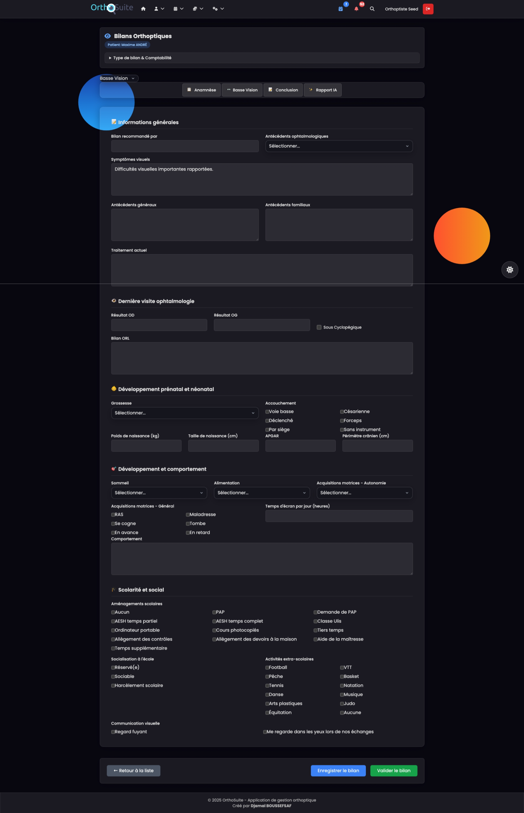 Bilans orthoptiques complets assistés par IA - Module de création et gestion des bilans